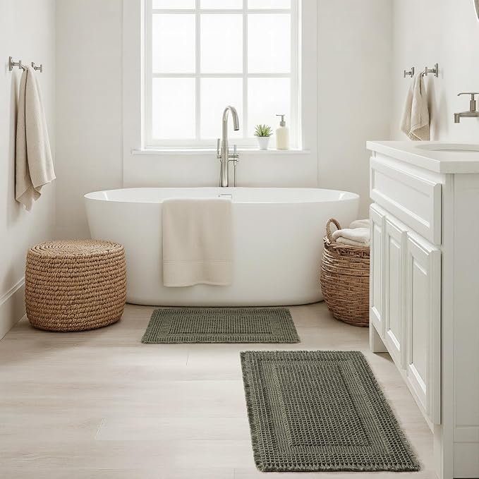 MIULEE Set of 2 Waffle Bathroom Rugs Green Boho Bath Mat 18x30 in | Looped Design, Super Absorbent, Non Slip, Washable, Ultra Soft, Rubber Backed, Bathroom Mats for Floor Tub Shower