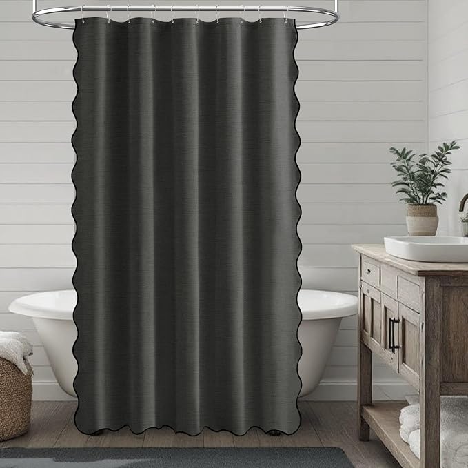 54x78 Boho Scalloped Linen Textured Shower Curtain Set, Charcoal Grey | Narrow Long Size, 230GSM Waterproof Polyester, Heavy Duty Fabric, 10 Plastic Hooks, Elegant Farmhouse Style, Machine Washable