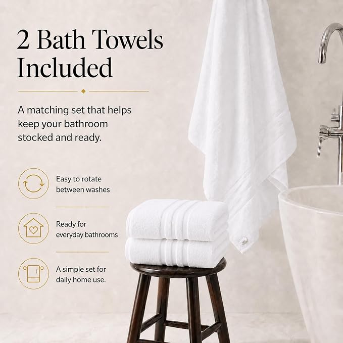 Velqora Bath Towels 2 Pack, 30x60 in, 100% Cotton, Soft & Absorbent, White | Balanced Weight | Everyday Comfort | Easy Care