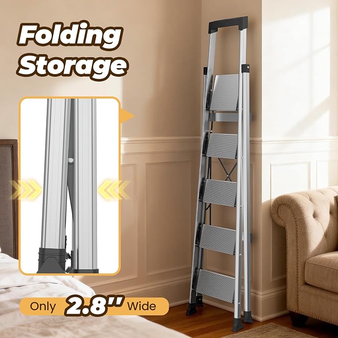 HBTower 5 Step Ladder, Lightweight Aluminum Folding Step Stool | Anti-Slip Wide Pedal, 330lbs Capacity Step Ladder for Household Kitchen Office, Silver