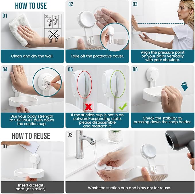 TAILI Soap Holder, Soap Dish for Shower Suction Cup, Bar Soap Holder, White | Removable Soap Holder Shower, Soap Tray for Shower Wall, Drill Free Sponge Holder, Bathroom & Kitchen, No drill