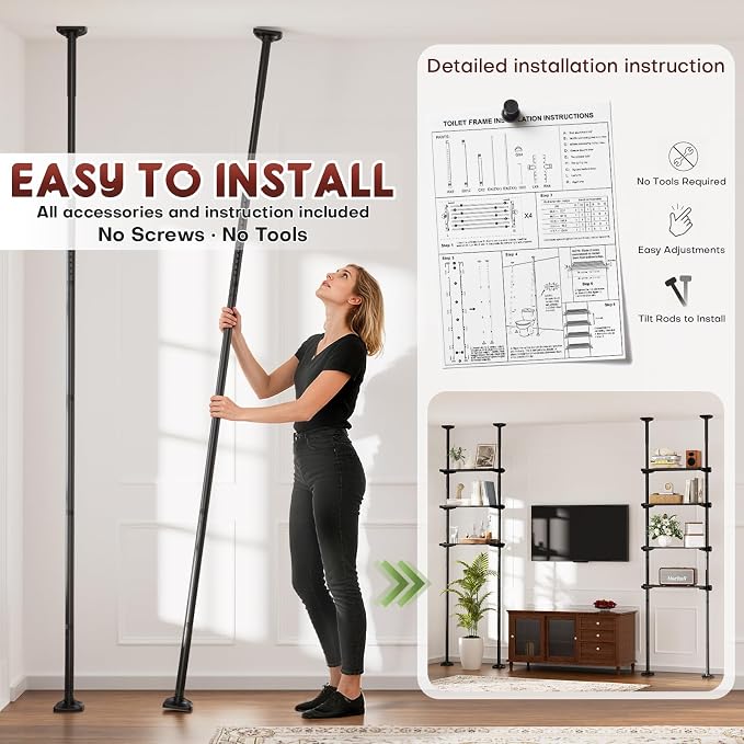 Goovilla Over The Toilet Storage Shelf, 64-124inch(H) 15-27inch(W), Black | 4 Tier Bathroom Organizer Shelves with Adjustable No Drilling Tension Mounting, Space Saver Bathroom Shelf Rack Above Toilet