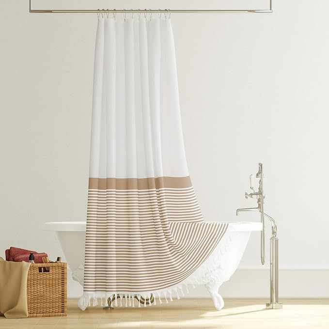 Beige Fabric Shower Curtain, Farmhouse Boho Striped Tassel Shower Curtains for Bathroom, Bohemian Textured Cloth Shower Curtain Set with Hooks, Water Repellent, Wrinkle Free, 72x72