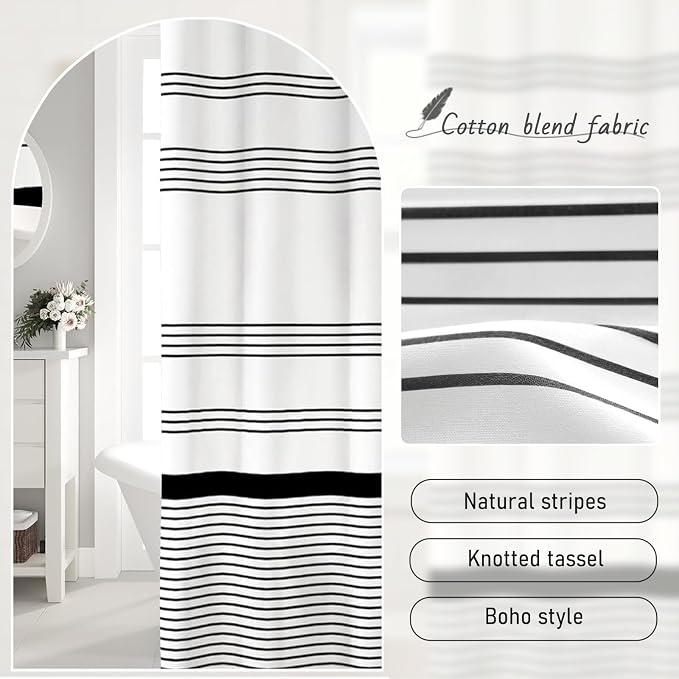 Black and White Boho Cotton Striped Shower Curtain with Tassel 72"W X 72"L | Boho Farmhouse Shower Curtains for Bathroom with Soft Cotton Feel