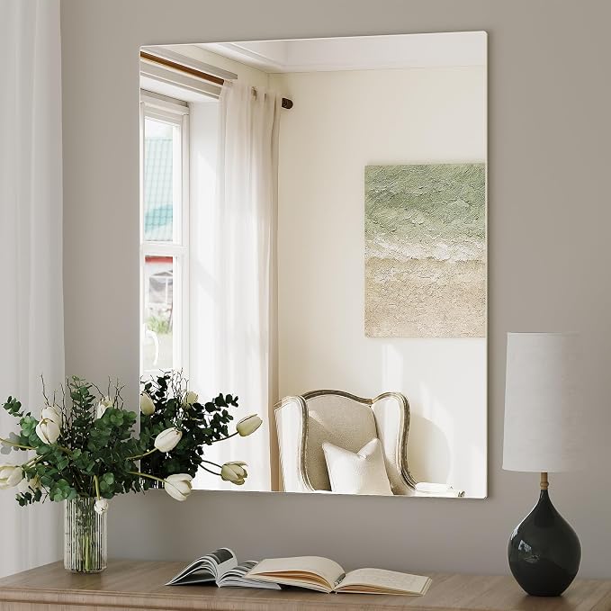 Brightify Frameless Mirror, 24x30 Inch Bathroom Mirrors for Over Sink, Tempered Glass for Gym, Yoga, Living Room, Dining Room, Bedroom, Entryway