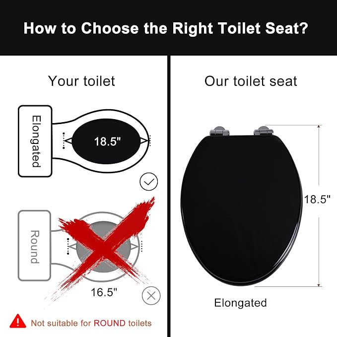 Angel Shield Toilet Seat with Zinc Alloy Hinges Quiet-Close Quick-Release Wood Molded UV Lid Easy Clean(Elongated,Black) | Soft Close Quick Release Metal Hinges, Adjustable Fit for Standard Elongated Toilets, Easy Install&Clean(Black)