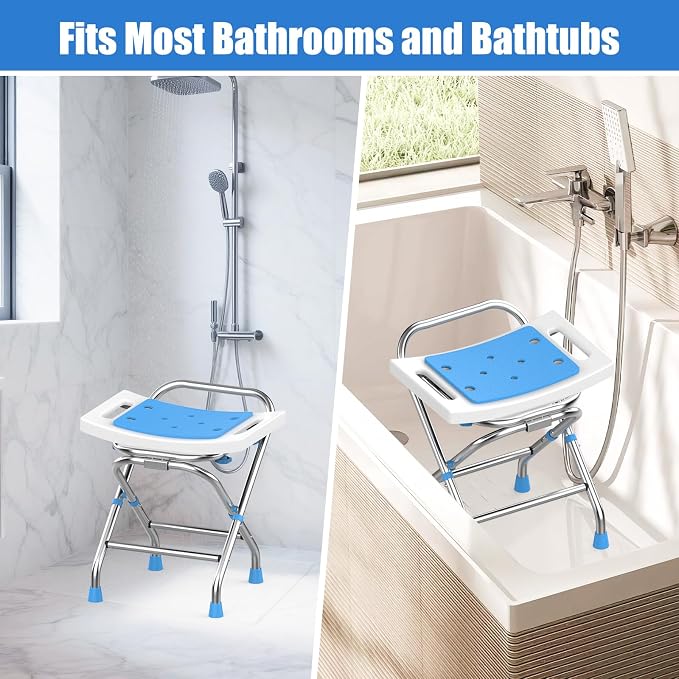 Height Adjustable Folding Shower Chair Seat, Stainless Steel Shower Chair for Inside Shower w/Crossbar, 420LB Portable Travel Shower Stool, Safety Anti-Slip Bath Chair for Seniors,White
