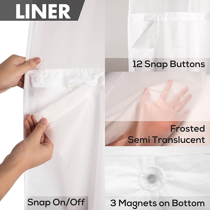 River Dream Long No Hook Slub Textured Shower Curtain with Snap-in PEVA Liner Set - 71" x 80"(78"), Hotel Style with See Through Top Window, Fabric Curtain & Waterproof Liner, White, 71x80 | Snap on/off Waterproof PEVA Liner, See Through Top Window, Sl...