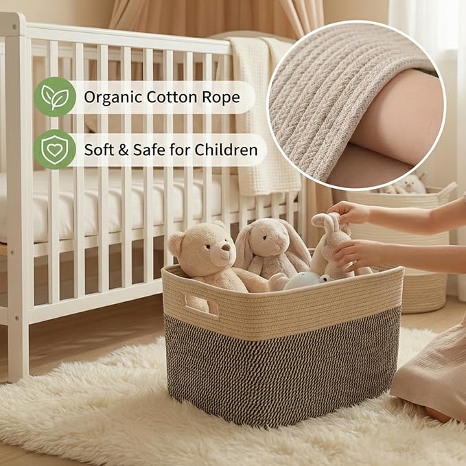 JMvicyroam 65L Large Woven Cotton Rope Blanket Basket, Jute&Black | Blanket storage for living room or bedroom use, Freestanding with reinforced handles, Entire basket is machine washable