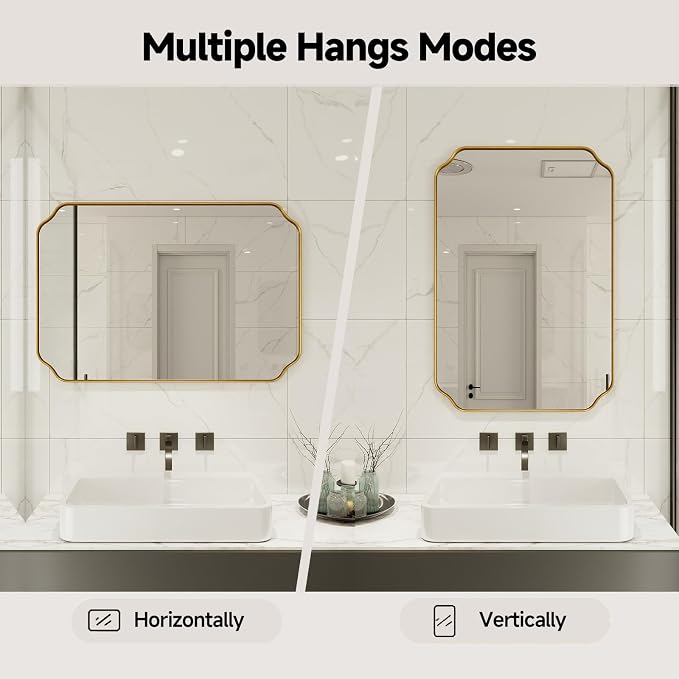 30"x22" Gold Wall Bathroom Mirror, Scalloped Edge Vanity Mirror | Hangs Vertically/Horizontally, Wooden Frame Decorative Mirror, For Vanity, Bedroom & Entryway, Aesthetic Bathroom Decor