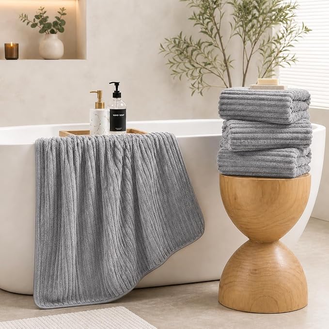 4 Piece Bath Towels, 30"x60" Microfiber Towels Set, Grey | Large Bathroom Towels, Soft Touch, Highly Absorbent, Quick Dry, Lint Free, Long-Lasting, Family Use, Guest Bath & Daily Use