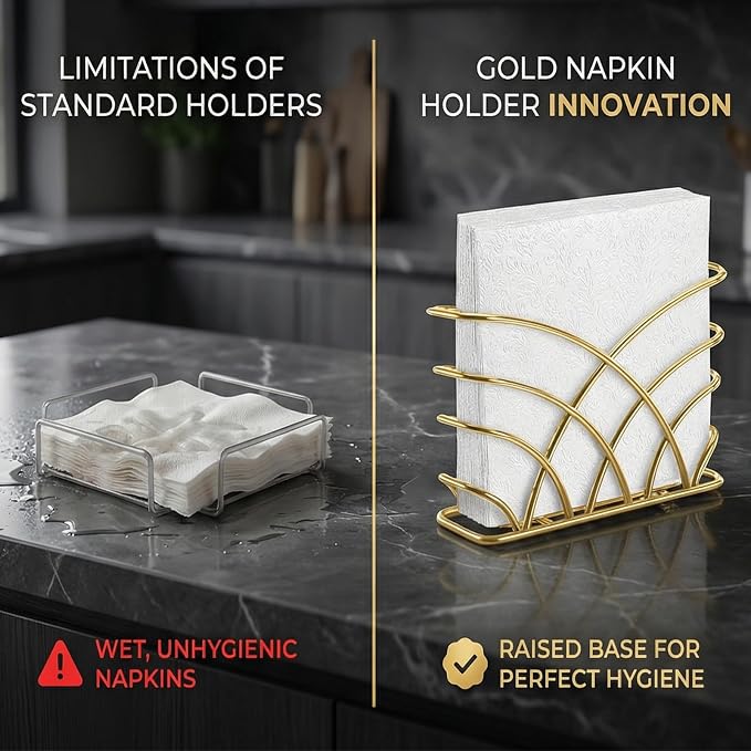 Napkin Holder for Table, Gold Iron Upright Paper Dispenser Caddy | Dinner Napkins, Lunch Napkins & Table Decor