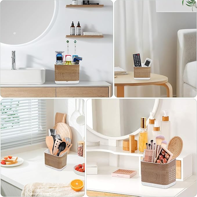 Bathroom Toothbrush Holders, Toothbrush and Toothpaste Holder (Wood Grain) | Easy To Clean, Drainage, Removable, Non-Slip, 4 Slots Tooth Brush Holder for Bathroom Countertop Organizer