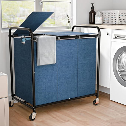 180L Laundry Sorter 3 Section, Rolling Laundry Basket with Wheels and Lid | 47.55 Gal Laundry Hamper, 3 Separated Removable Bags, Lockable Wheels, Dirty Clothes Hamper for Laundry Room Organizer, Blue