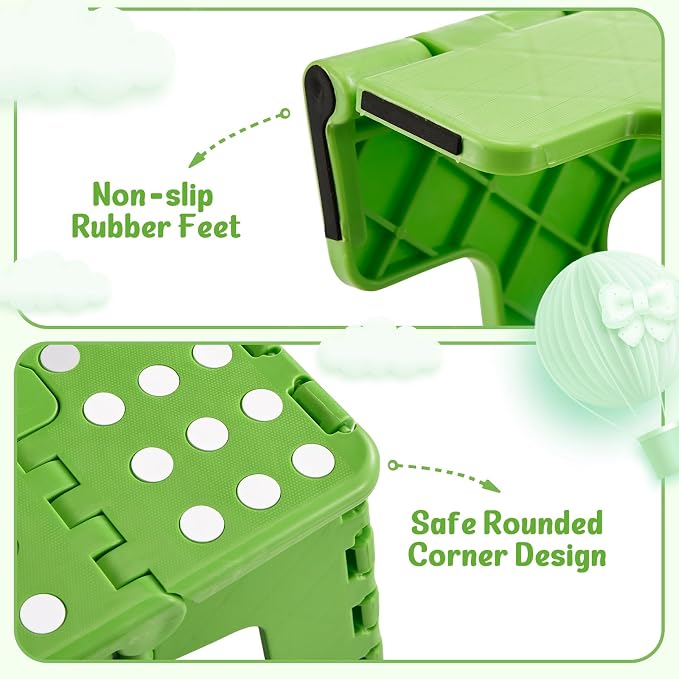 Folding Step Stool 9 Inch for Kids and Adults, 300 lbs, Green | Lightweight Plastic Small Foldable Step Stool with Handle, Non-Slip, for Kitchen, Bathroom, Bedroom and Closet
