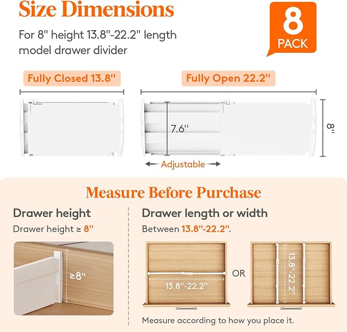 Lifewit 8" Tall Drawer Dividers, Adjustable Deep Drawer Organizer Clothes | 8 Pack 13.8"-22.2" Expandable White Plastic Separators for Dresser, Kitchen, Cabinet, Closet, Office Organization & Storage