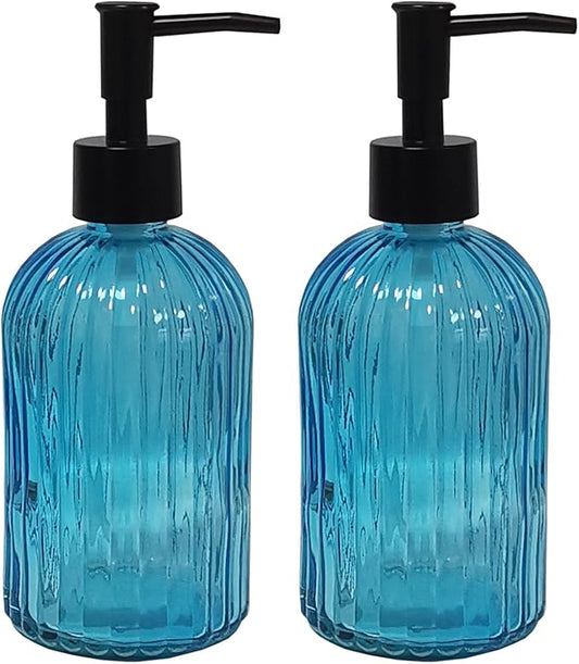 YYTSGG Blue Glass Soap Dispenser Set with Black Pump, 13.5oz, 2 Pack | Refillable Liquid Hand Soap Dispenser, Lotion Dish Soap Dispenser for Modern Home Decor, Kitchen Countertop, Bathroom, Hotel