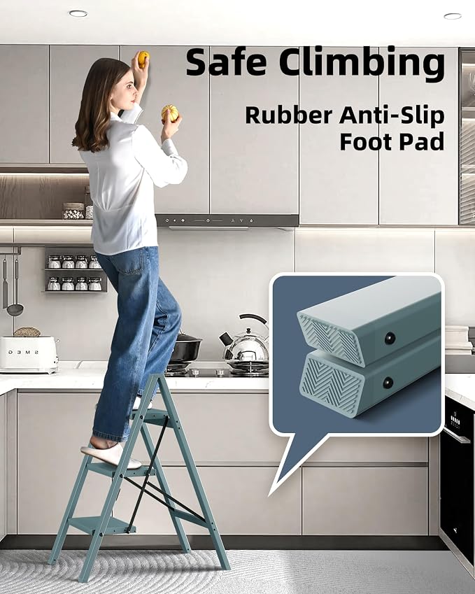 HillhutApex 3 Step Stool Foldable Ladder,Aluminum Step Ladder | Folding Lightweight Stable Stool with Wide Non-Slip Pedals, 330lbs Bearing Capacity Ladder for Office,Home,Kitchen-Light Blue