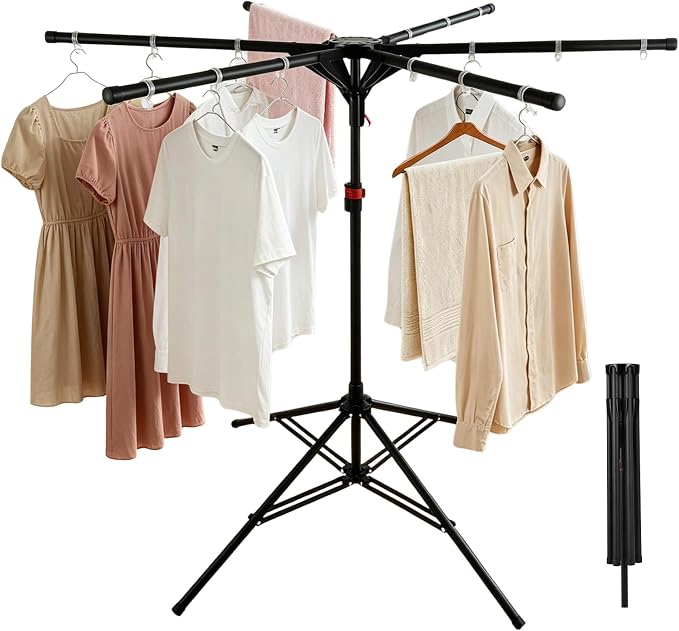 Foldable Clothes Drying Rack, 6 Rod Umbrella Style Height Adjustable Carbon Steel Laundry Stand with 40 Windproof Hooks, Collapsible Space Saving Tripod Garment Dryer for Indoor Backyard Outdoor