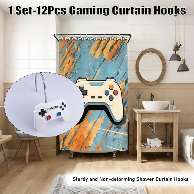 12 Pcs Game Theme Shower Curtain Hooks for Gamers Bathroom Decor White | Video Game Controller White Curtain Hooks Boys Gaming Bathroom Kids Bedroom Playroom Console Resin and Stainless Steel Hook