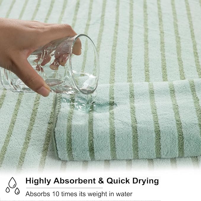 4 Pcs Green Cabana Stripe Large Bath Sheets Soft Microfiber Bathroom Towels | Fluffy oversized towel with hang loops absorbent quilck dry easy replacement family dorm sets for home beach pool gym yoga