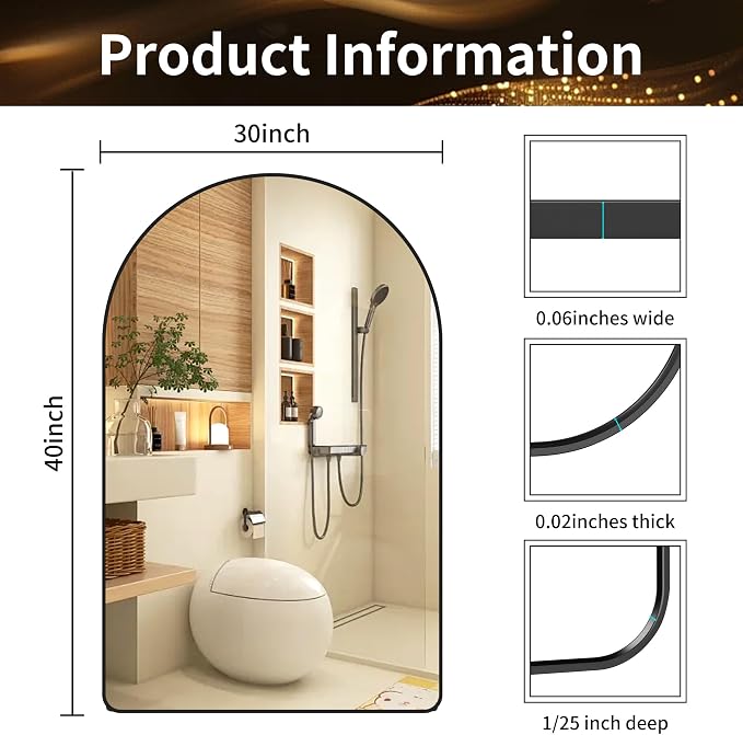 Arched Bathroom Mirror 30"x40", Black, Tempered Glass | arch bathroom mirror black wall mounted vanity tempered glass metal frame bedroom entryway living room