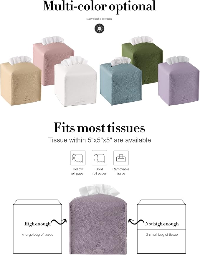 Tissue Box Cover, Jeethemy Square PU Leather Tissue Box Holder, Modern Tissue Case Facial Paper Organizer Dispenser，5X5X5'',Double Purple