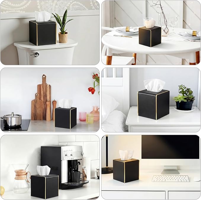 Sumnacon PU Square Tissue Box Cover, Magnetic Bottom, Waterproof, Black | Stylish Cube Tissue Box Holder with Gold Edging Fits Vanity, Toilet Tank, Dresser, Nightstand, Table, Countertop, Office, Car