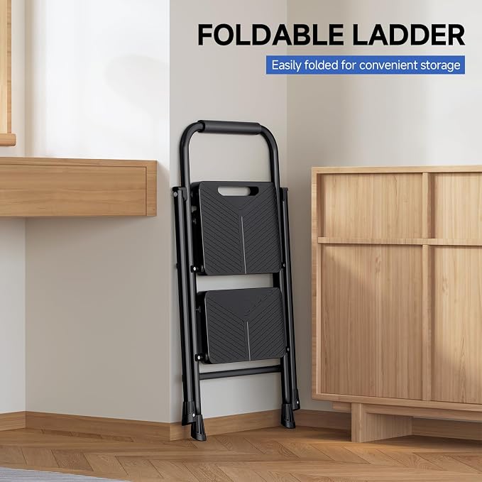 KINGRACK 2 Step Ladder, Portable Folding Ladder with Anti-Slip Pedals | Heavy Sturdy Steel Step Stool for Multi-Purpose, Home, Kitchen, Handrail, Safe-Lock Design, Pass 500lbs Load Testing, Black