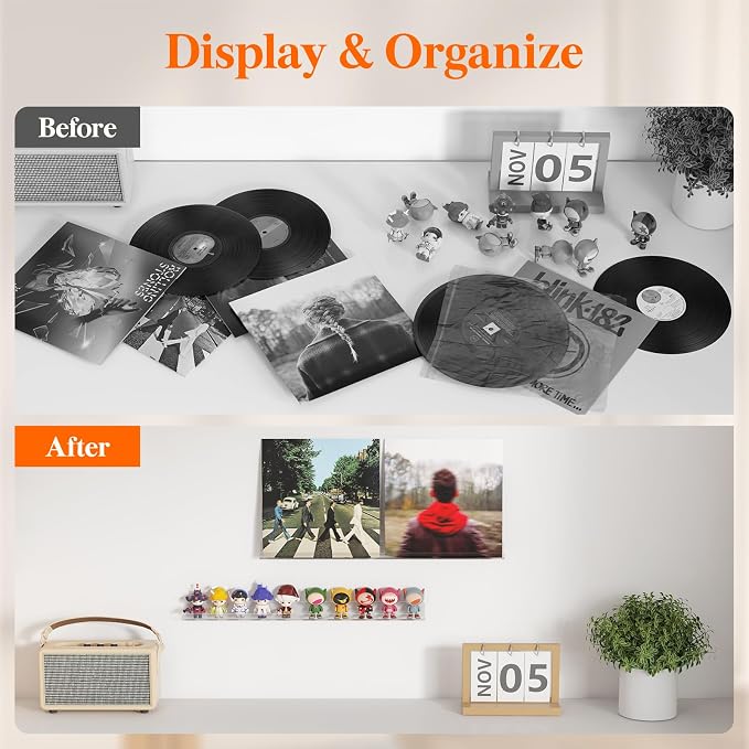 Lifewit Narrow Acrylic Floating Shelves for Vinyl Record 12", Clear 10 Pack | Wall Shelf for Nail Polish, Book, Picture, Makeup, Album Covers Display Organizer for Bedroom, Living Room, Bathroom Decor