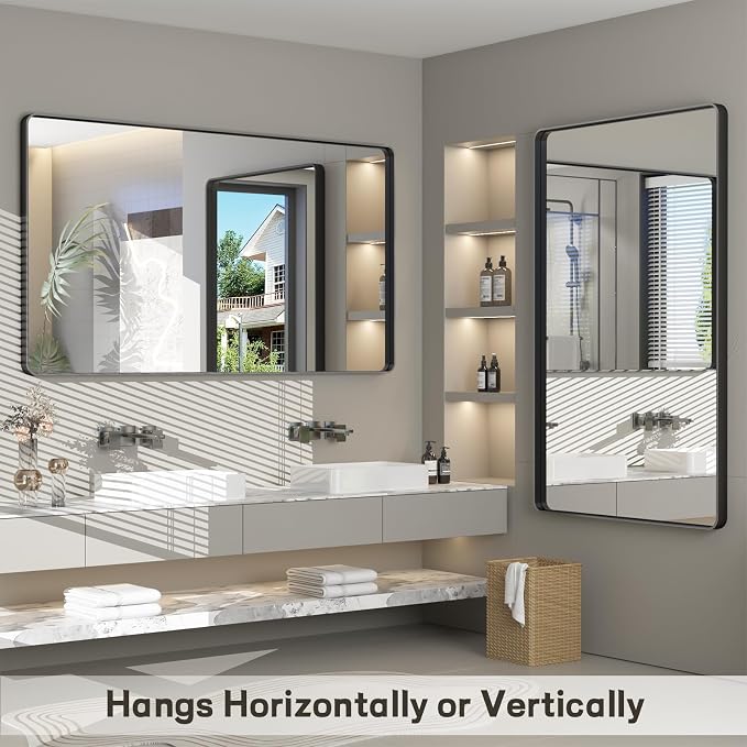 40x36 Inch Black Framed Bathroom Mirror for Wall, Black Metal Framed Mirror, Rounded Rectangle Bathroom Vanity Mirror, Anti-Rust, Shatterproof (Horizontal/Vertical) | Black Metal Framed Mirror, Rounded Rectangle Bathroom Vanity Mirror, Anti-Rust, Shatt...