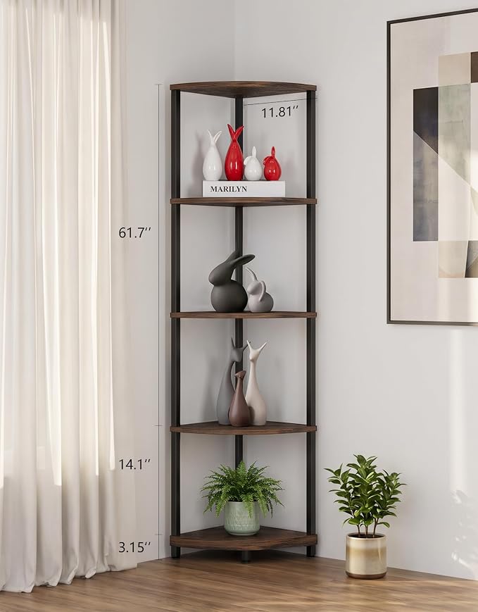 Corner Shelf with LED Light, 5 Tier Smart Color Changing Floor Lamp with Remote, 62" Display Shelf Bookshelf Narrow Storage Rack Standing Lamp for Living Room Bedroom Home Office Decor, Brown