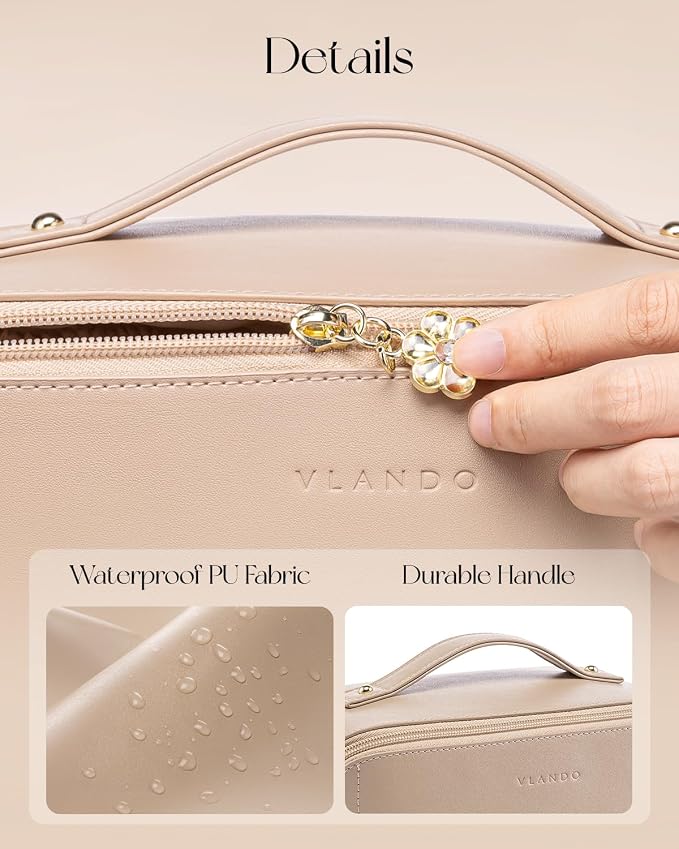 VLANDO Travel Makeup Bag with 180°Opening, Women Toiletry Case,Toffee | Waterproof PU Leather with Zip TPU Pocket,Separate Brush Pouch,Travel Essentials,Skincare,Brushes Organizer,Gifts for Women