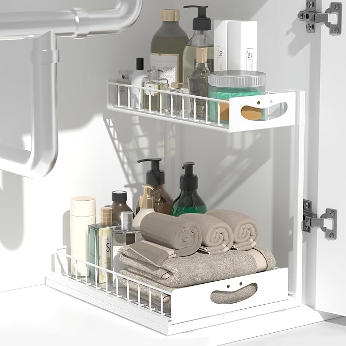 Under Sink Organizer with Pull-Out Drawers,Kitchen Sink Organizer,2 Tier Bathroom Organizers And Storage,Bathroom Accessories Set,White 2 Pack