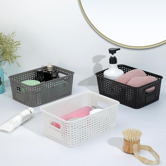 Plastic Storage Baskets 6 Pack Sturdy Storage Organizer Basket Woven Plastic Storage Bins for Shelves,Closet,Countertops, Desktops, Cabinets and Badrooms,Saving Storage, Stylish Design,White
