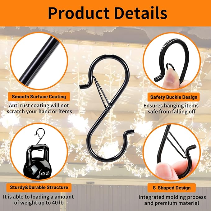 24 PCS S Hooks for Hanging with Safety Buckle, Heavy Duty Metal S Hooks | 3.5 inch S Shaped Hanger Hooks for Hanging Kitchen Utensil, Cups Pots Pan Closet Plants Purse Bags Hats (Black)