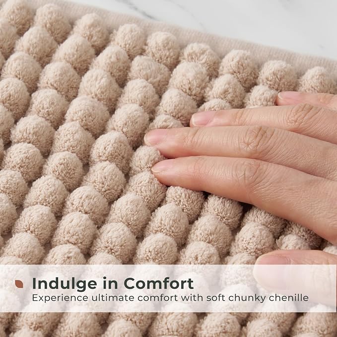 FRESHMINT Thick Chunky Chenille Bathroom Rug, Beige, 17"x24" | Non-Slip Backing, Water Absorbent Surface, Machine Washable Care, Cushioned Comfort, Bathroom Floor Use
