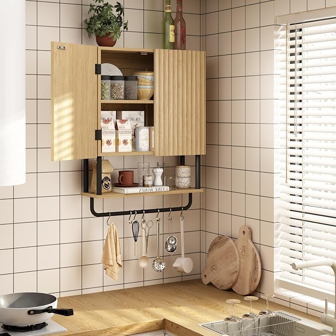 RUSTOWN Fluted Bathroom Wall Cabinet with 2 Doors, 3-Tier Medicine Cabinet | Modern Farmhouse Wall Mounted Cabinets, Over The Toilet Storage Cabinet, Adjustable Shelf and Towel Bar, Medium