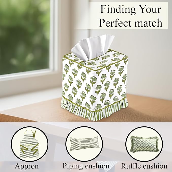 CPC Emerald Green Hand Block Print Cotton Ruffle Tissue Box Cover 4.5"x4.5"x5"Inch, Square Decorative Tissue Holder Cover for Bathroom, Living Room, Bedroom, Home Décor, Vanity, Car Gift for Summer