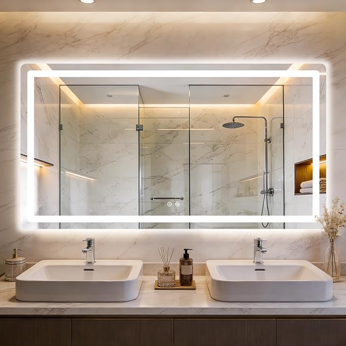 LED Bathroom Mirror with Lights, 30" x 55" Lighted Vanity Mirror | Frontlight+Backlit, 3 Colors Dimmable Brightness, Anti-Fog, Memory Function, Shatterproof Tempered Glass, Horizontal/Vertical