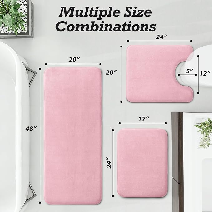 Bathroom Rugs Sets 3 Piece, Non-Slip & Quick Dry Bath Mat Set, Ultra Soft Velvet Bath Rugs for Bathroom, Toilet and Shower Floor, Rose Pink