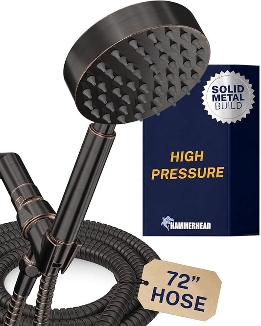 HammerHead Showers® Solid Metal Handheld Shower Head with Hose and Brass Holder - OIL RUBBED BRONZE - 2.5 GPM High Pressure Shower Heads with Adjustable Shower Wand Bracket - 6ft Flexible Extension