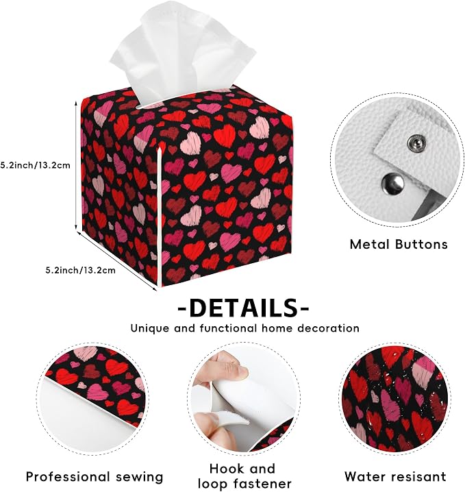 Hearts Tissue Box Cover,Red Hearts PU Leather Tissue Box Holder Square,Modern Home Decoration for Bathroom Living Room Kitchen Office Car,5.2"×5.2"×5.2"