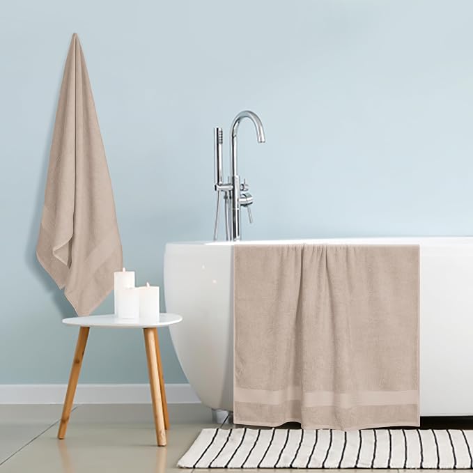GLAMBURG Premium Cotton Oversized 2 Pack Bath Sheet 35x70-100% Pure Cotton - Ideal for Everyday use - Ultra Soft & Highly Absorbent - Machine Washable – Tan