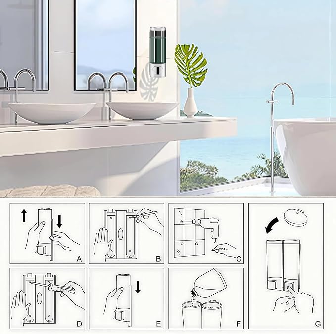 10oz/300ml Single Manual Wall Mounted Soap Dispenser, Silver | Bathroom Shampoo and Conditioner Dispenser, Clear Plastic Refillable Liquid Lotion Pump Dispenser and Organizer