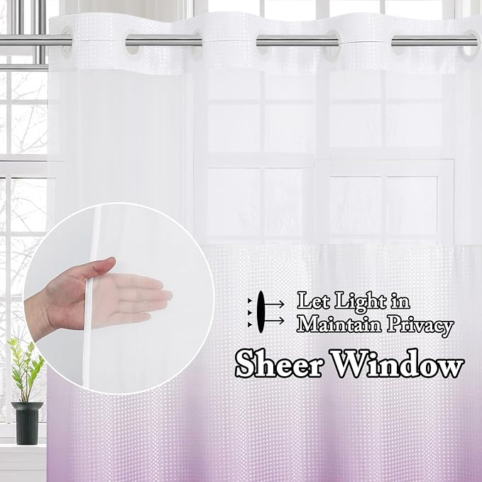 No Hook Cloth Ombre Purple Shower Curtain with Liner, 72x74 | Snap-in Fabric Liner, Hotel Style with Mesh Top Window, Waterproof Coating, Machine Washable, Rustproof Grommets