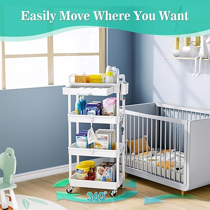 SUNALLY 4 Tier Rolling Cart with Drawer, Craft Storage Cart Organizer,White | Bathroom Storage Organizer with 2 Lockable Wheels, Rolling Utility Cart for Kitchen, Office, Baby, Makeup, Nail,Snack,Laundry