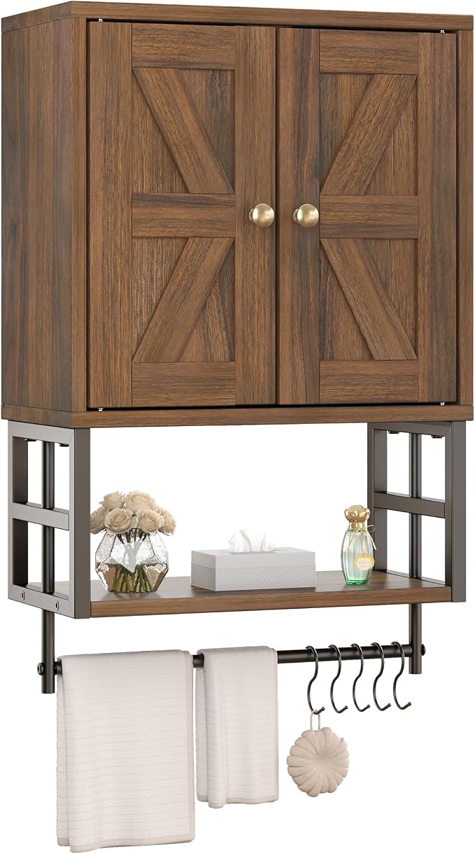 Bathroom Wall Cabinet, Farmhouse Medicine Storage with Towel Bar, Walnut | 2 Doors & Adjustable Shelves 5 Hooks, 3-Tier for Over-Toilet, Laundry, Living, Bedroom, Kitchen, Space Saving