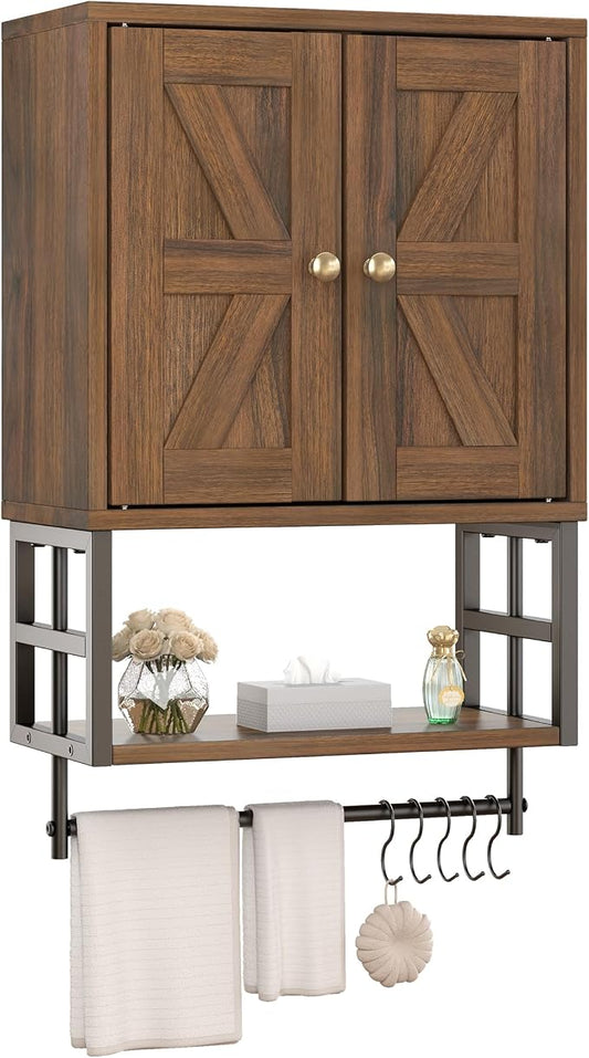 Bathroom Wall Cabinet, Farmhouse Medicine Storage with Towel Bar, Walnut | 2 Doors & Adjustable Shelves 5 Hooks, 3-Tier for Over-Toilet, Laundry, Living, Bedroom, Kitchen, Space Saving