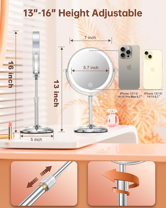 7" Lighted Makeup Mirror with Magnification 10X, Height Adjustable,3 Lights | 1X/10X Magnifying Mirror with Light, Stepless Dimming, 360° Swivel, Rechargeable Vanity Mirror for Desk, LED Standing Mirrors
